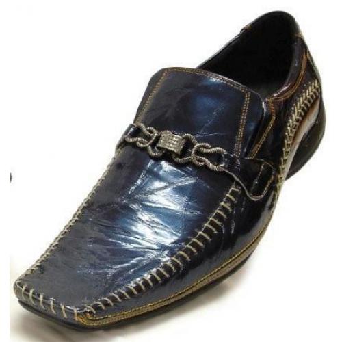 Fiesso Navy Genuine Patent Leather Loafer Shoes FI8068